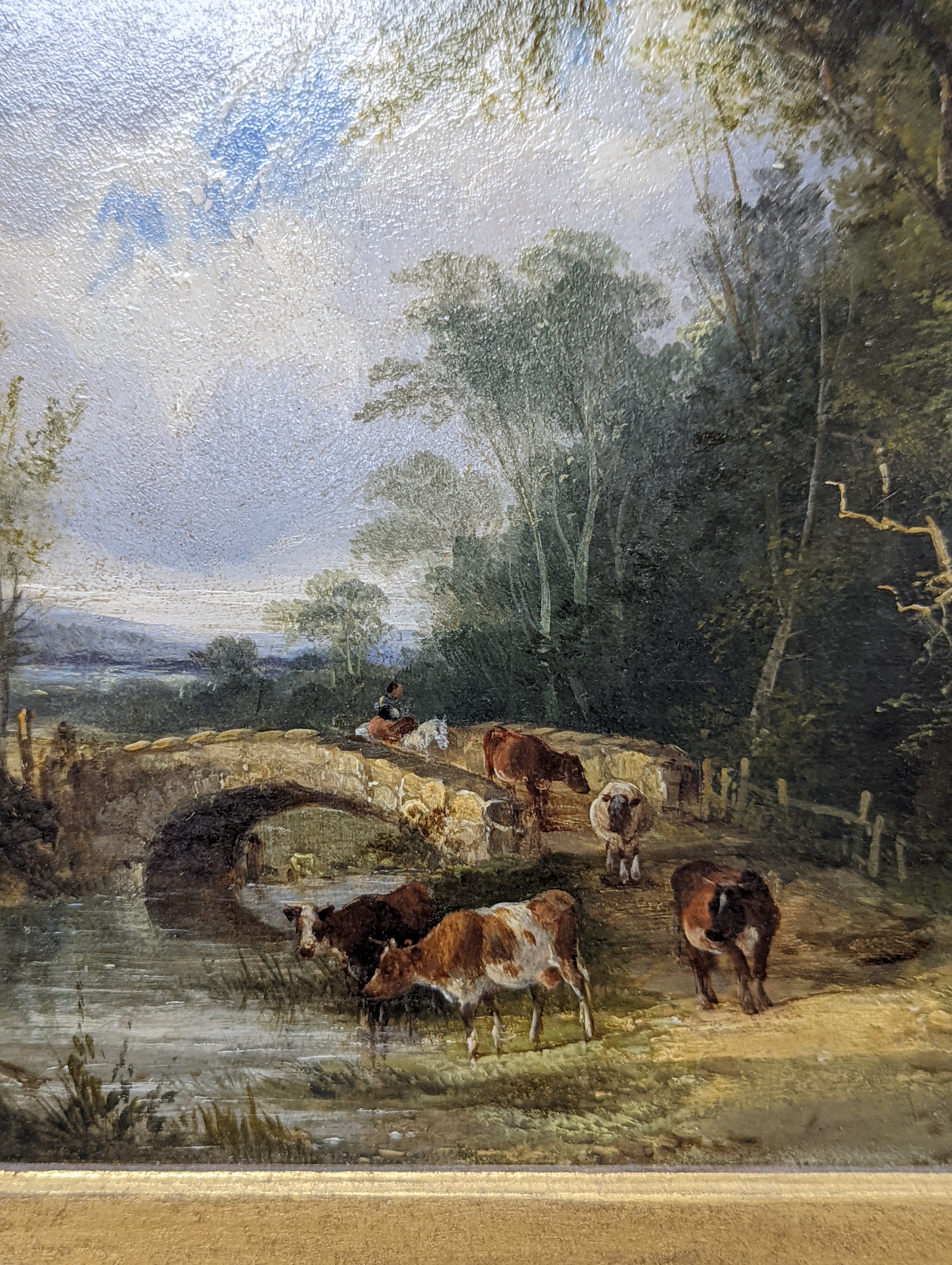 Three Victorian oils including William Shayer Senior, oil on canvas, horses watering, 19.5 x 26 cm; English school, oil on board, cows by a river, 16.5 x 24 cm and Oil on canvas Fisherman by a boat, 26 x 37 cm (3)